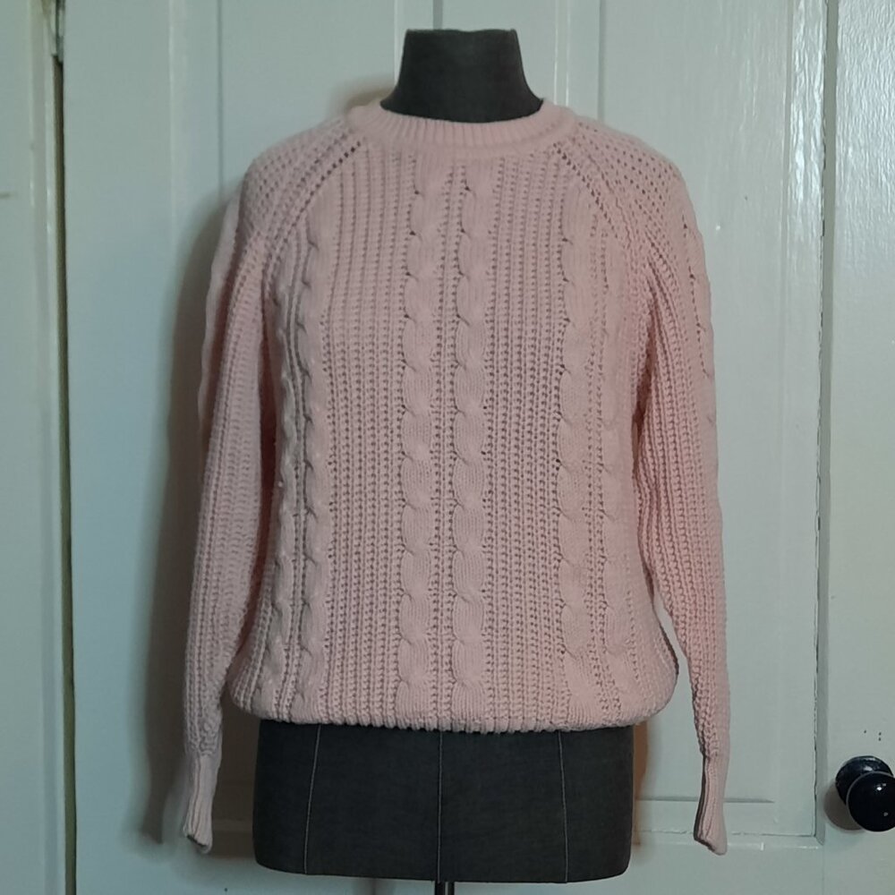 VTG Laura Peterson Chunky Cable Knit Pastel Pink Barbiecore Pullover Sweater EUC